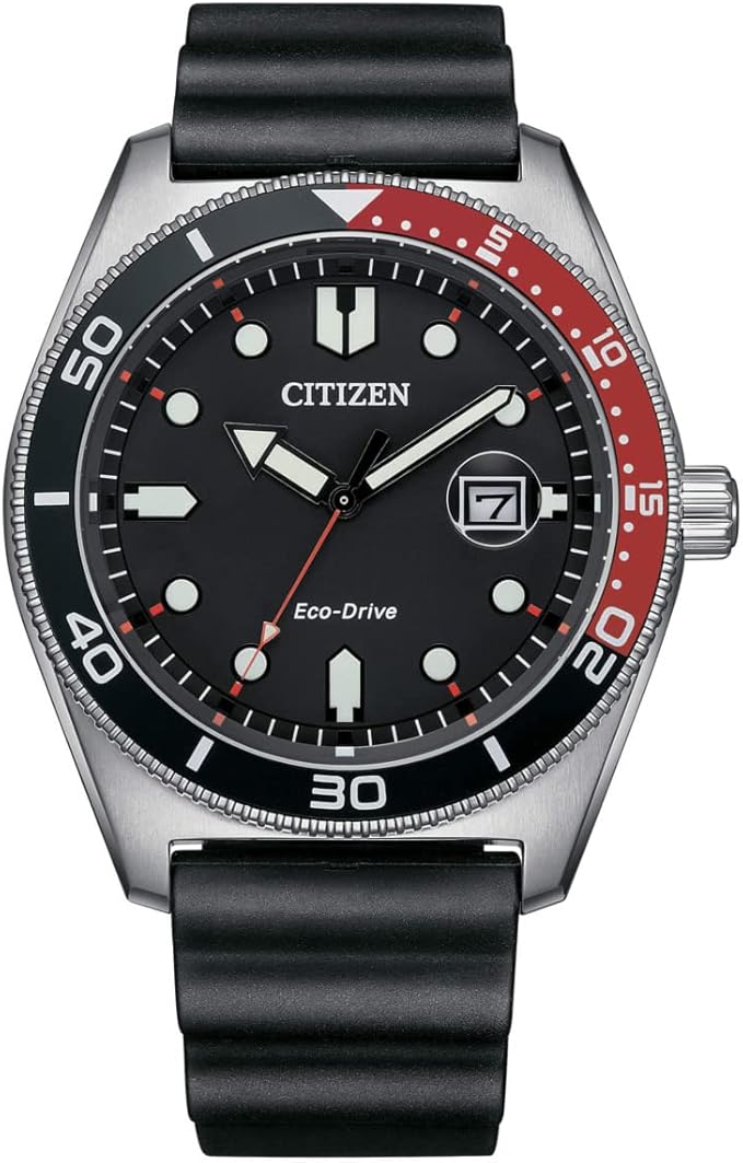 CITIZEN Eco-Drive Diver-Style Solar Watch — Black Dial, Red Accent, 10 ATM