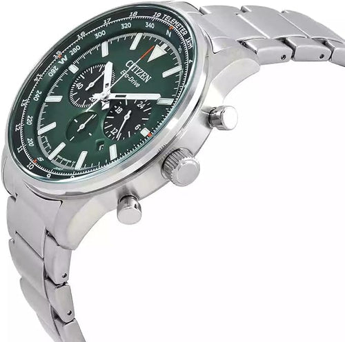 CITIZEN Eco-Drive Solar Chronograph — Striking Green Dial, 10 ATM Water-Resistant