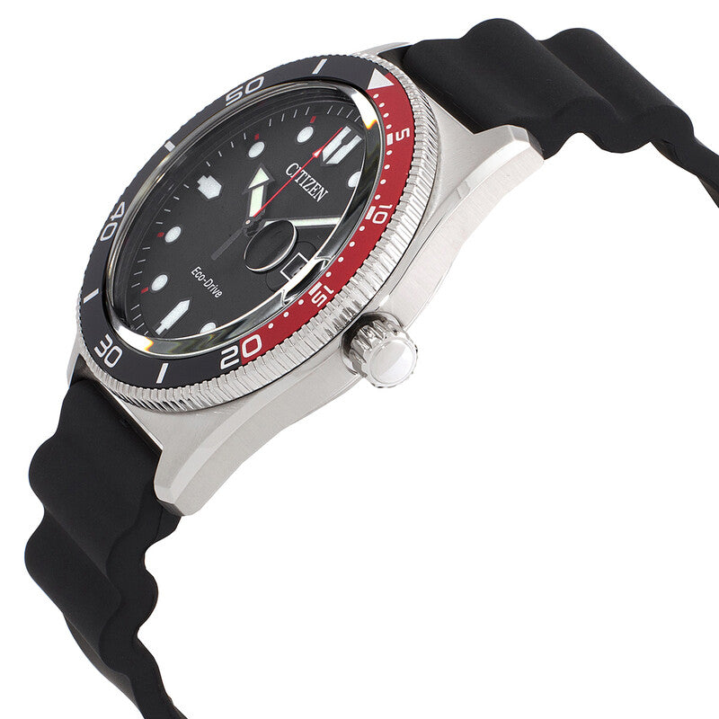CITIZEN Eco-Drive Diver-Style Solar Watch — Black Dial, Red Accent, 10 ATM